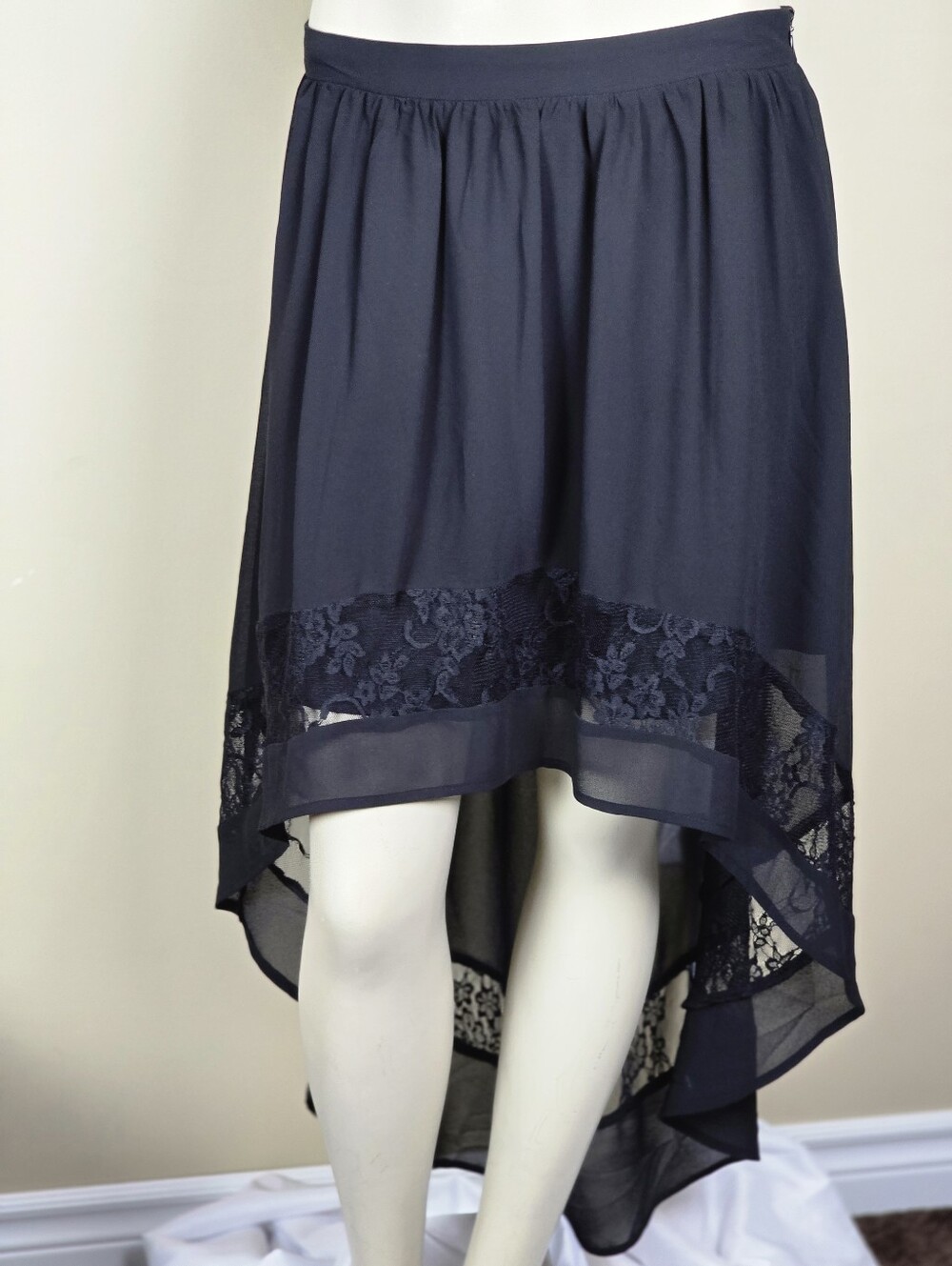 Size L Black Asymmetrical Midi Skirt Georgette Overlay Floral Lace Trim At Hem